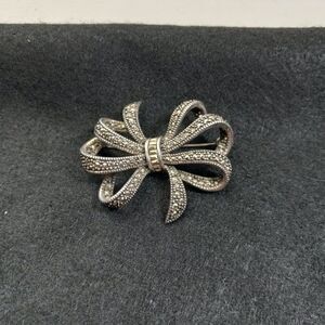 Vintage Sterling Silver Bow Marcasite Brooch Cottagecore Granny Chic, Kitsch